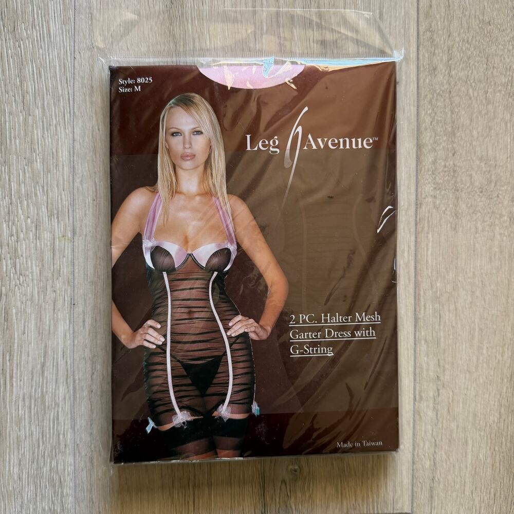 Leg Avenue Halter Mesh Garter Dress & G-String M NWT Black Pink Sexy Lingerie